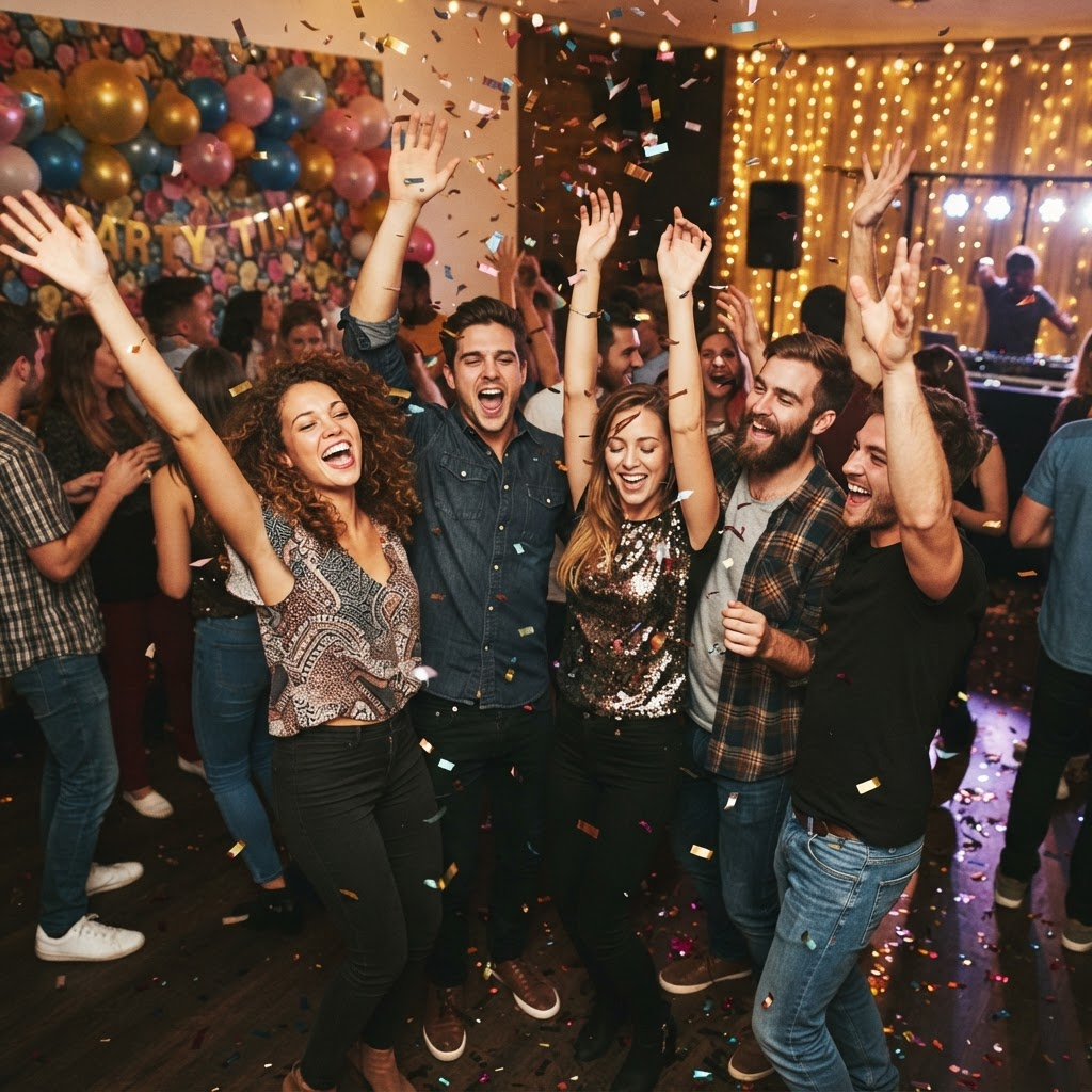 Guests celebrating on a dance floor at dusk under warm string lights