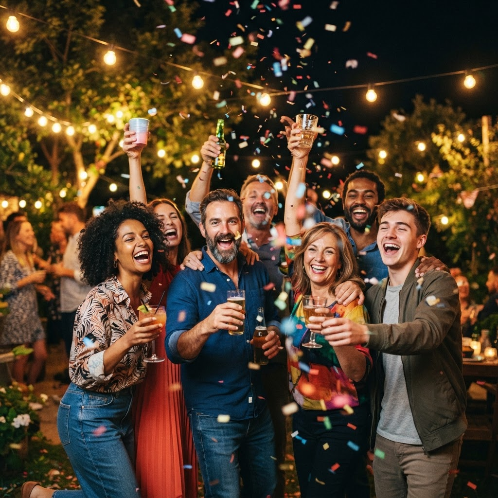 Friends cheering with confetti under string lights at an evening party