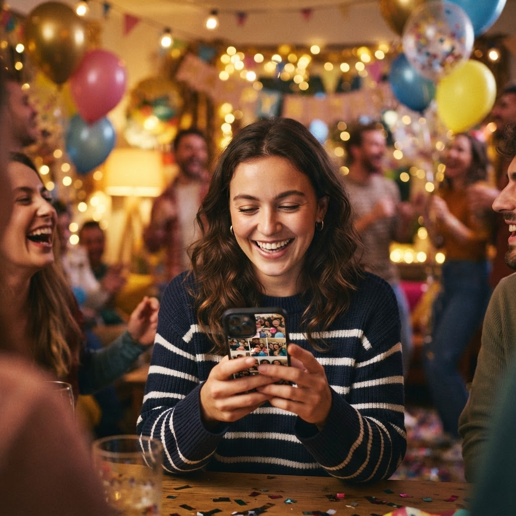 A guest reviewing shared celebration photos on their phone